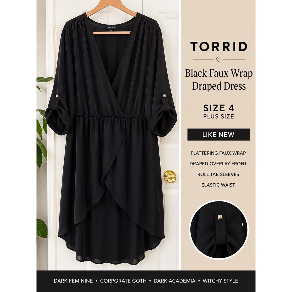 Torrid Black Faux Wrap Dress Size 4 Plus‎ Size Dark Academia Corporate Goth